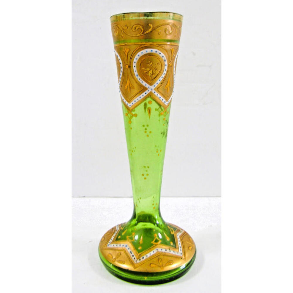Antique Bohemian Moser-Style Green Glass Stick Vase Gold Gilding and Enamel
